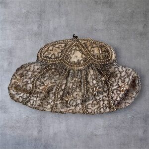 Vintage White Beaded Finger Purse Evening Clutch - Handmade in Belgium
